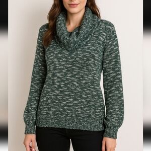 Women's Hunter Green White Speckled Cowl Neck Balloon Sleeve Sweater Cabincore L